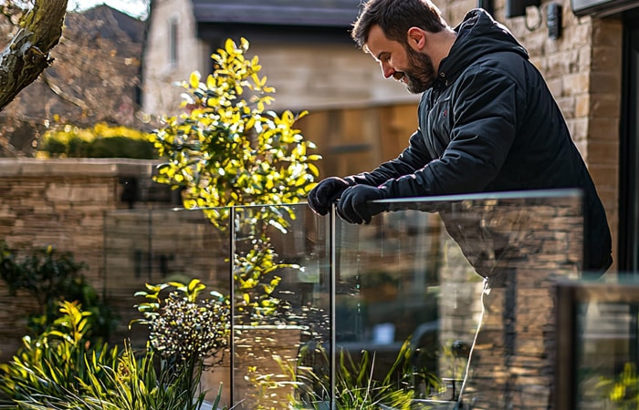 man checking frameless glass balustrade in uk garden