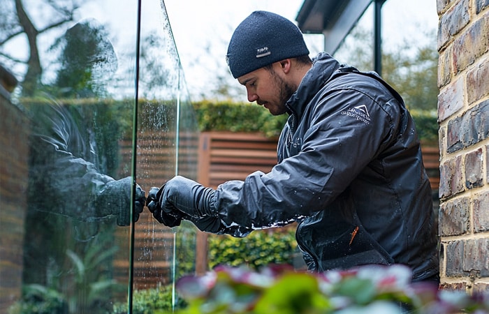 man cleaning frameless glass balustrade in rain