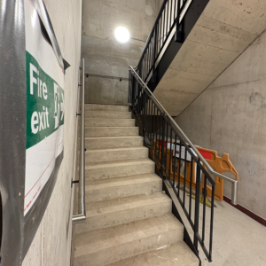 large metal staircase from below