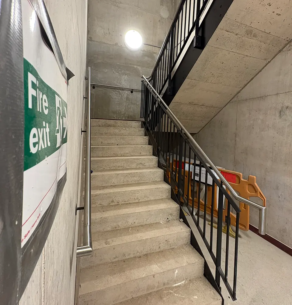 large metal staircase from below