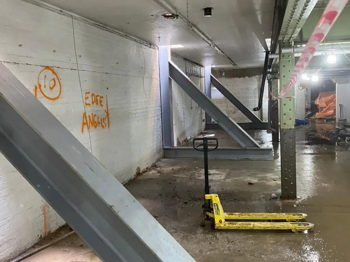 supporting steel beams against car park