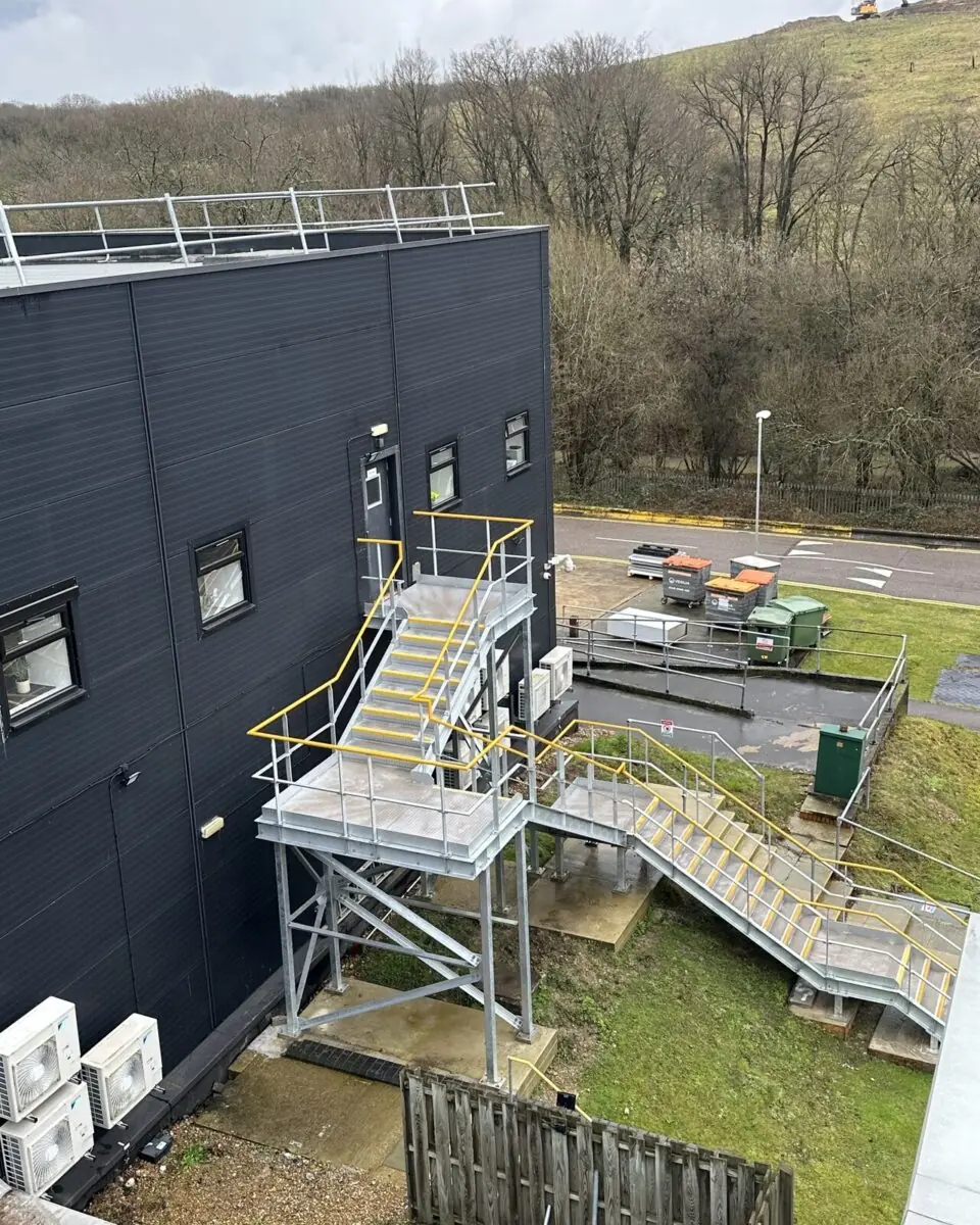 steel access staircase with yellow handrail thermo fisher scientific horsham 1