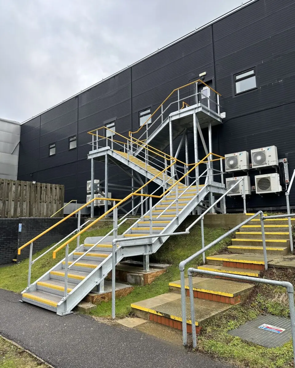 steel access staircase with yellow handrail thermo fisher scientific horsham 3
